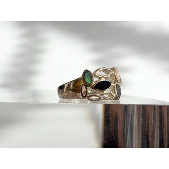 Multi Gemstone Abalone, MOP & Black Onyx 925 Sterling Vintage Ring - sz 6 - Picture 4 of 12
